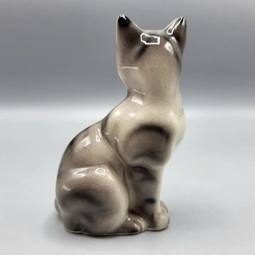 Vintage Ceramic Cat Kitten Figurine Gray Siamese Glossy Finish Shelf Decor